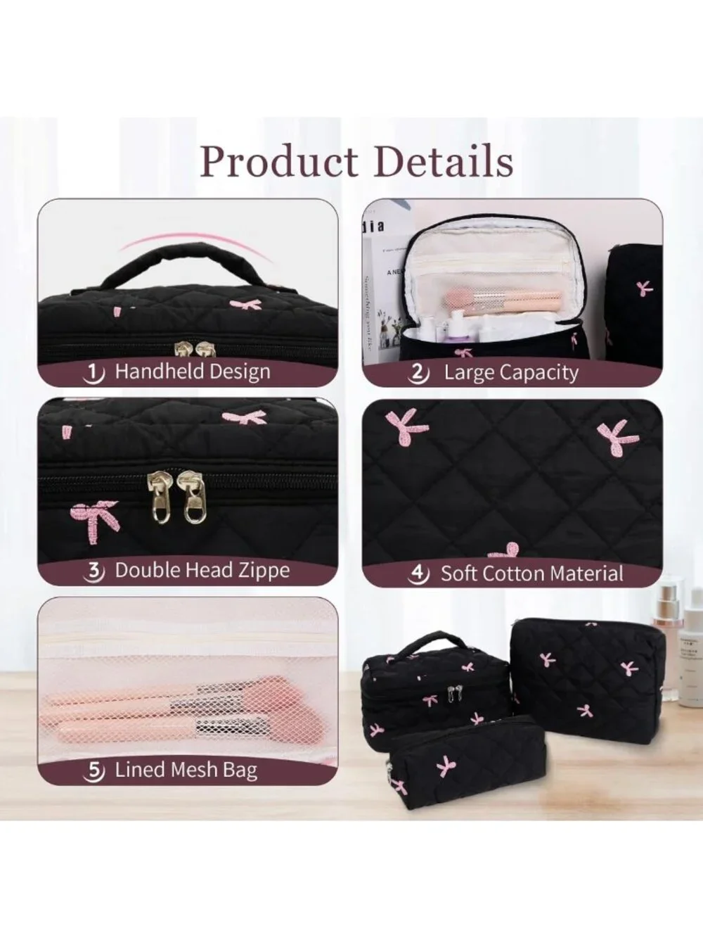 3PC Floral Makeup Bag Set - Large Quilted Cosmetic & Toiletry Bags for Travel